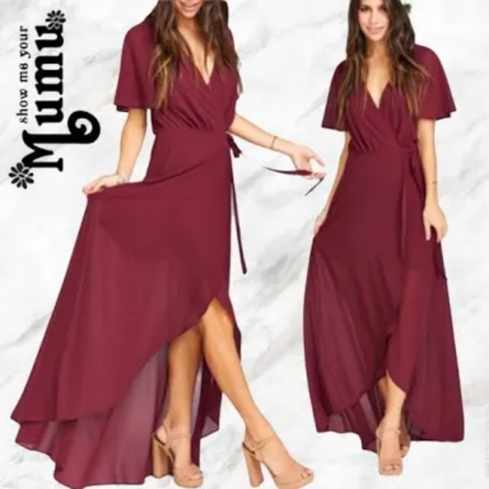 Show Me Your MuMu Sophia Wrap Dress in Merlot Chiffon, Size XS